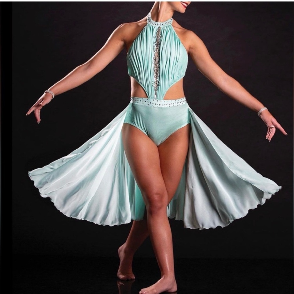 Mint Green Halter Dance Costume with Draped Skirt by Glamour-$79